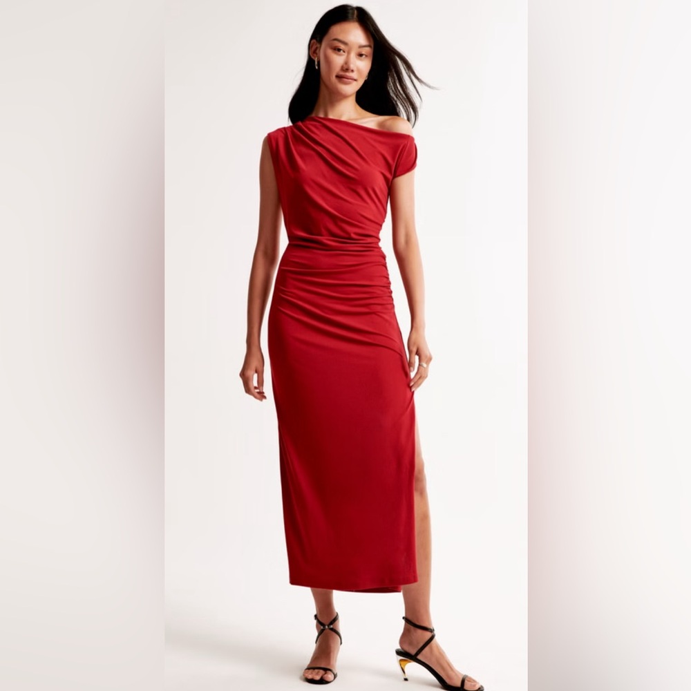 ABERCROMBIE Red Ruched Scoop Neck Maxi Dress Tall Fit